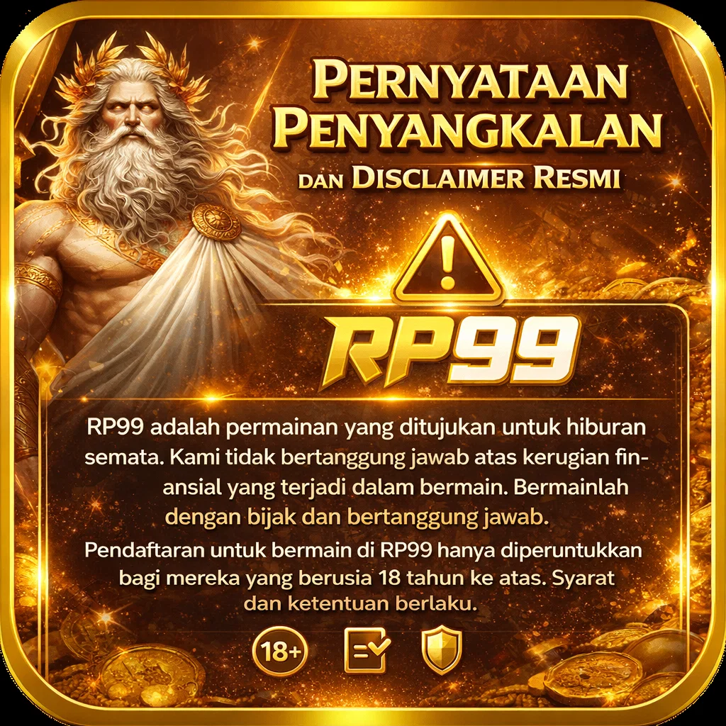 Halaman pernyataan penyangkalan resmi RP99 yang menjelaskan batas tanggung jawab dan ketentuan penggunaan layanan digital.
