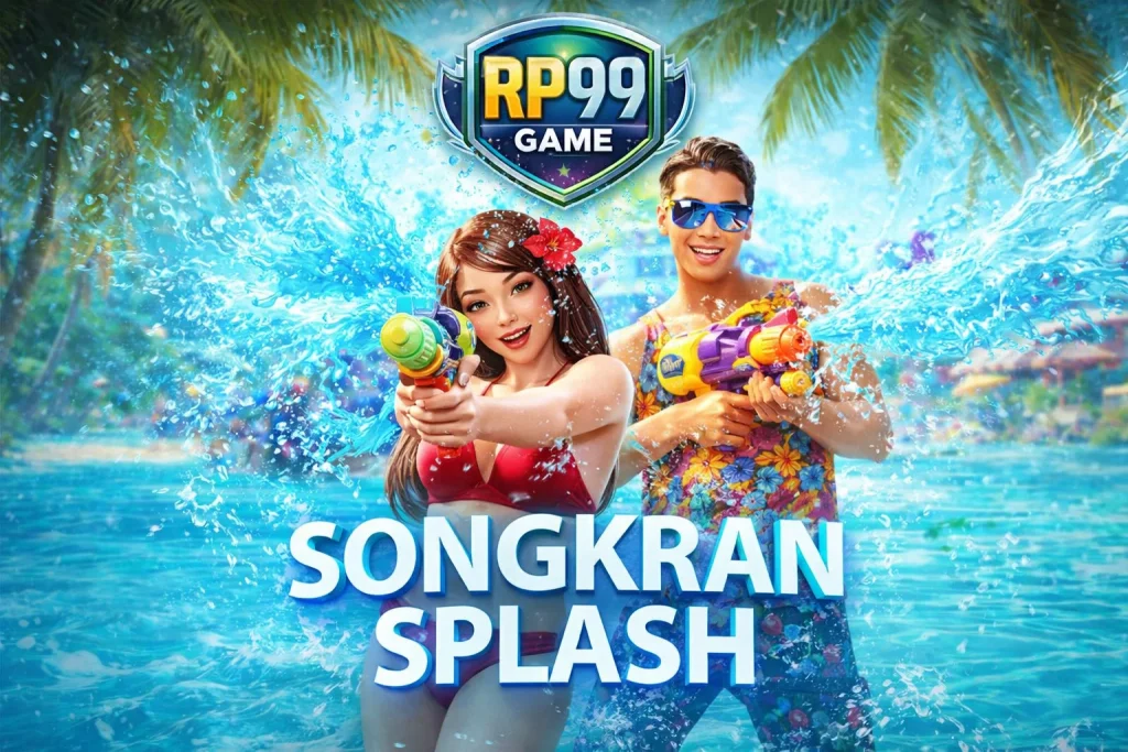 Tampilan visual Songkran Splash di platform RP99 dengan nuansa festival air Thailand yang cerah dan detail budaya yang hidup