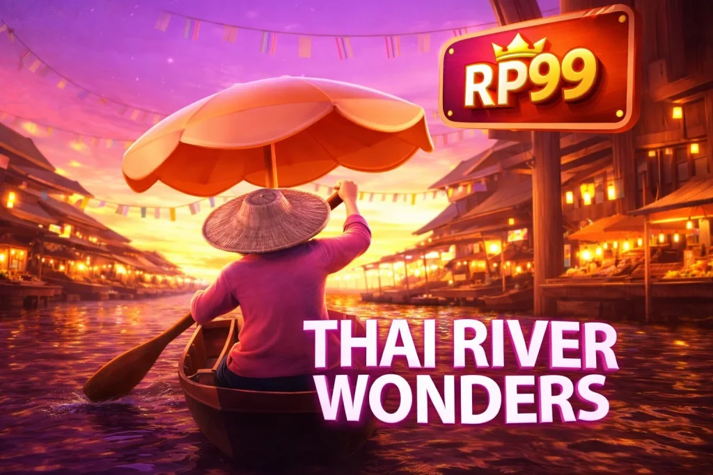 Tampilan utama THAI RIVER WONDERS di RP99 dengan latar sungai tropis dan simbol budaya Asia Tenggara